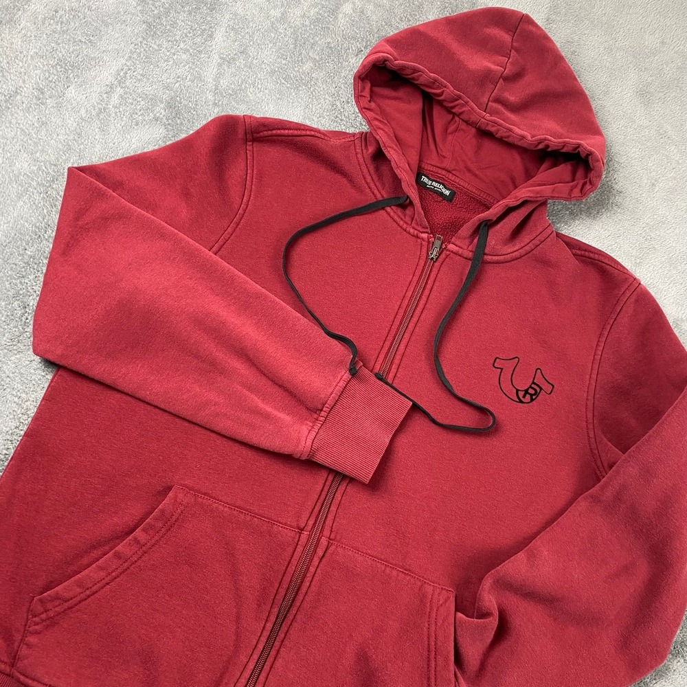True Religion Men's XL Zip-Up Hoodie Maroon Buddha Horseshoe Graphic Sweatshirt